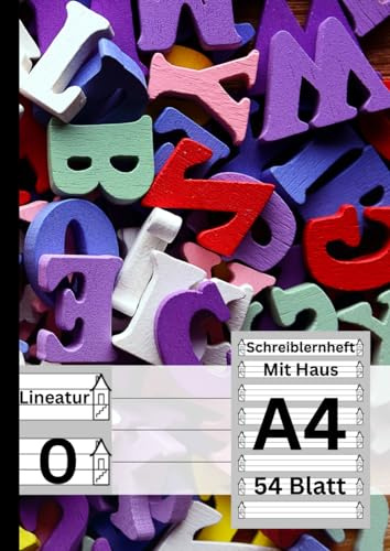 XXL Premium Schreibheft 1 Klasse | Breite Zeilen mit Haus - 108 Seiten / 54 Blatt - A4 Format - Lineatur 0: Geeignet als Deutschheft / Schreiblernheft | Farbenfrohes Buchstaben Design