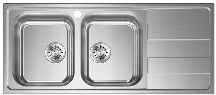 Evhoc Lavello Sopratop 116x50 cm 2 Vasche Sinistra con Gocciolatoio, AURA L | Lavandino in Acciaio Inox AISI 304 con Finitura Satinata, Piletta e Sifone Inclusi, Made in Italy, Facile Pulizia