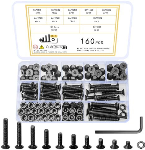 Ewwtrey 160 Piezas M6 Juego de Tornillos y Tuercas, Tornillo de Avellanado Cabeza Hexagonal, Tornillos y Tuercas Hexagonales de Cabeza Plana, Tornillo Mecanico de Cabeza Hueca Hexagona