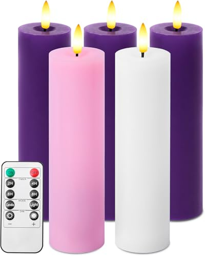 Stmarry Pillar Advent Candles Set of 5, Battery Operated Advent Candle Set with Remote and Timer, 2x7 Pink and Purple Pillar Candle Set, Flameless Advent Candles for Advent Wreath Pillar Candle Holder