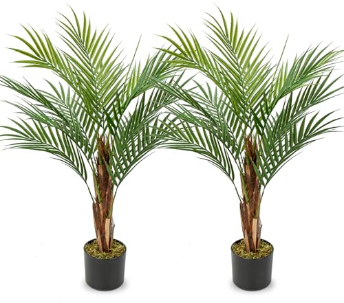 Uppsättning om 2 90 cm konstgjord växt Arekapalmer konstgjord växt palm stor i kruka, konstgjort träd med 12 stammar för inomhus och utomhus, modern dekoration, dekoration badrum vardagsrum sovrum