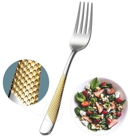 Xideman® 12-delad premium hamrgafflar (17 cm), 18/10 rostfritt stål användbara medelstora middagsgafflar, efterrätt/bordsgafflar bestickset för hem, kök och restaurang, diskmaskinssäker (silverguld)