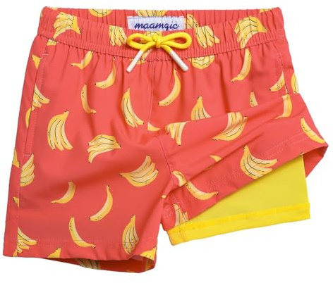 MaaMgic Badehose Jungen Kinder | Schnelltrocknend Kurz Swim Shorts für Kleine | 2 in 1 Badeshorts mit Kompression Innenhose Taschen Verstellbare Tunnelzug MEHRWEG,Orange Rot Gelb Bananen,8 Jahre