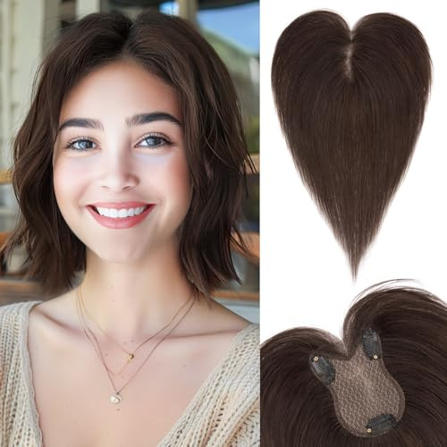 SEGOHAIR Echthaar Hair Topper für Frauen mit #C - 21g Handgebunden Basis Haar Topper Atmungsaktives Tüllnetz Spitze Basis 100% Echtes Haar Clip in Topper Mokkabraun