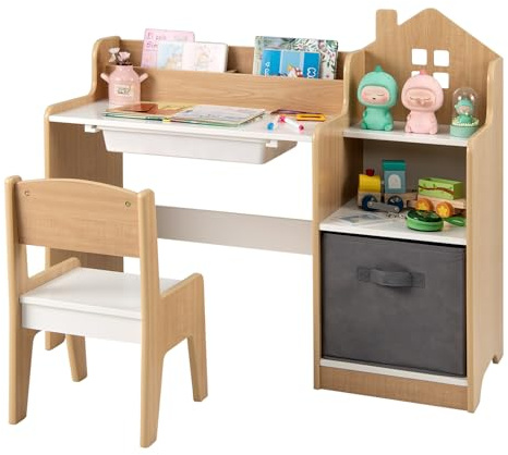 COSTWAY Kids Desk and Chair Set, Children Study Table with Bookshelves, Drawer and Fabric Storage Bin, Toddler Activity Furniture for Learning, Reading, Drawing (White + Natural)