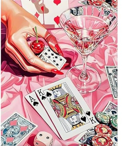 Paint by Numbers for Adults Pink Cocktail and Poker, 16 x 20 Inch | DIY Acrylic Painting Kit for Beginners, Relaxing Hobby Painting Kit for Home Wall Decor, Gift Idea for Craft Lovers