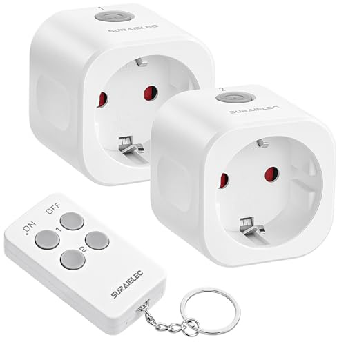 SURAIELEC Funksteckdose mit Fernbedienung, 16A/3680W, Kabelloses Funk Steckdosen-Set für Innen, 30 m Reichweite, Energiesparend, CE & RoHS Zertifiziert, 2 Steckdosen mit 1 Fernbedienung