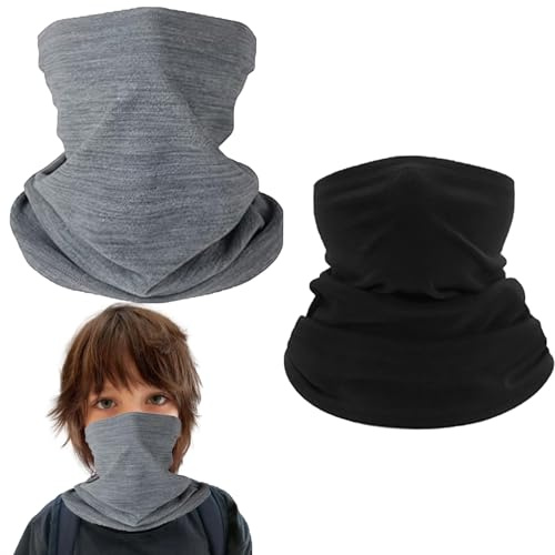 2 Pack Winter Kids Snood Neck Warmer Fleece Windproof Neck Face Mask Scarf Children Balaclava Face Covering Multifunctional Headwear for Boys Girls Outdoor Sports Skiing Running Cycling (Black Grey)
