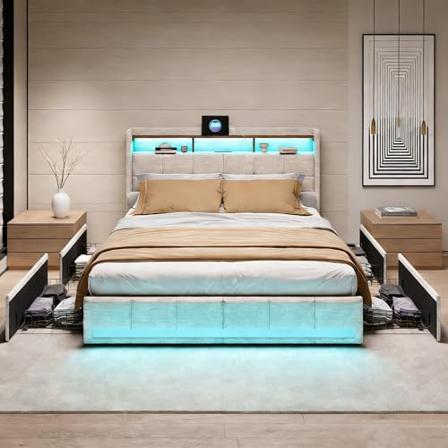 Yeutre Letto 160 x 200 con rete LED e USB, letto matrimoniale imbottito con 4 cassetti e testiera di stoccaggio, letto matrimoniale per adulti e adolescenti, lino (beige, 160 x 200 cm)