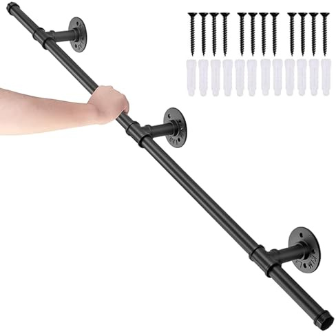Stair Handrail - Industrial Iron Pipe Grab Bar - Non-Slip Wall Balustrade for Indoor Outdoor Steps - Safety Stair Railing for Elderly, Kids, Disabled(Black,120cm)