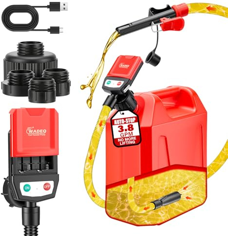 WADEO Pompe de Transfert, Arrêt Auto 15L/min, avec Câble USB de 3m, Tuyau 1.3m + 4 Adaptateurs, Pompe Portable pour Essence/Diesel/Huile/Eau pour Voiture, Tracteur, Motocyclette, Bateau