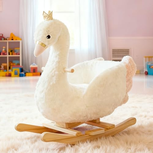 Jessruly Caballo balancín de unicornio de peluche, balancín suave con marco de madera, diseño de unicornio mágico para juego imaginativo (cisne)