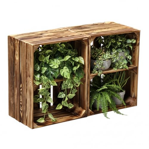 Teramico Massive Holzkisten geflammt mit Zwischenboden (2er Set Quer) | Neue, geflammte Holzkisten mit Zwischenboden. Absolut stabil für Do-it-yourself Möbelbau, Regal oder Aufbewahrung.