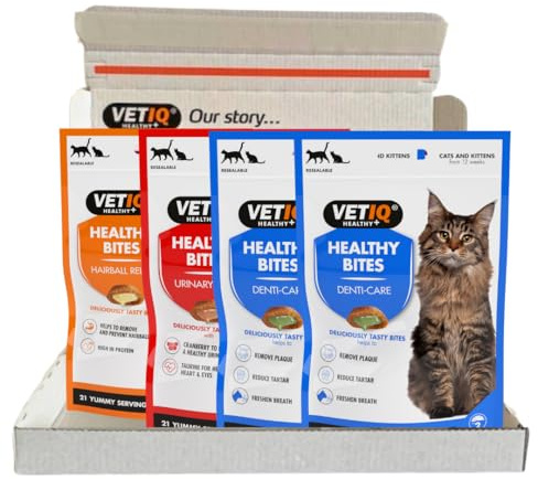 VetIQ Healthybites For Cats Variety Pack 4 x 65g Cat Supplement for Breath & Dental Hairball Removal and Urinary Care Tasty Pet Remedy with Chicken Duck Cheese & Catnip