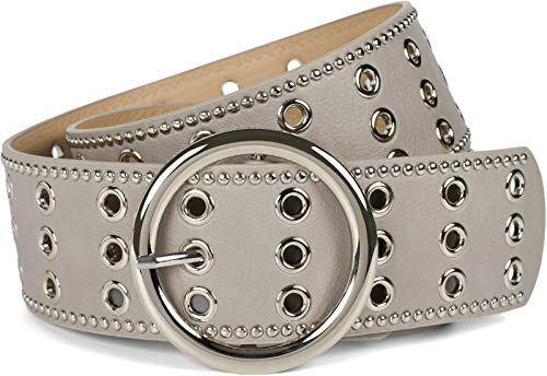 styleBREAKER Damen breiter Gürtel mit Lochnieten und runder Schließe, Nietengürtel, Taillengürtel, kürzbar 03010122, Farbe:Hellgrau, Größe:85cm