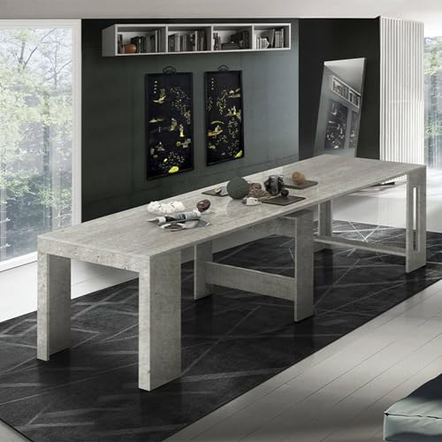 Dmora - Console extensible Martino, Console extensible jusqu'à 12 places, Table avec supports d'extension, 100% Made in Italy, 51/300x90h77 cm, Ciment