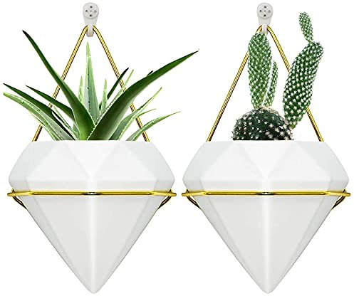 Bhina 2 Stücke Wand Pflanzer,Moderne Dekoration Wandvase,Keramik Hängen Pflanzer,Diamant Wandvase Keramik,Mit Haken, Geeignet Für Sukkulenten, Luftpflanzen, Minikakteen, Kunstpflanzen Etc