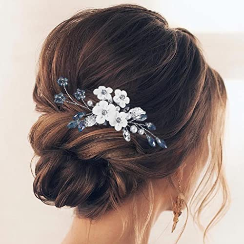 EARENT Flower Wedding Hair Accessories Dust Blue Bridal Hair Comb