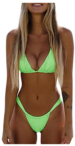SoLu DAY8 Bikini Femme 2 PièCes Sexy String Culotte Ensembles Maillot De Bain Femme Deux Pieces Push Up Grande Taille Pas Cher Chic Et élégant Plage Beachwear (Vert, S)