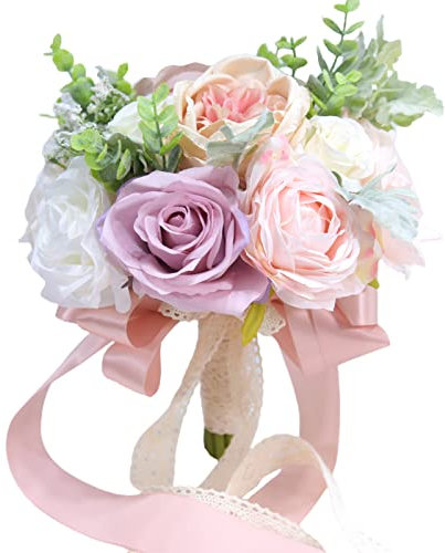 BELUAPI Brautstrauß, künstliche Seidenrosen, Hortensien, Blumen mit grünen Blättern, romantische Hochzeit, Brautjungfer, Blumenstrauß, Wurfstrauß mit Satinschleife für Brautdusche, Party, Antrag,