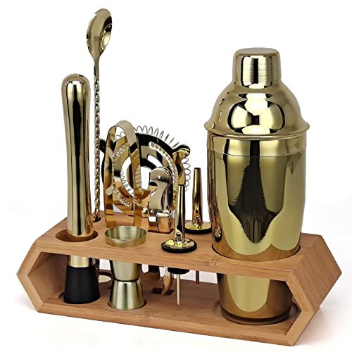 Boston Cocktail Shaker Set, 10 Pezzi Kit Barista in Oro Rosa Con Supporto in Bambù Rombico Per Bevande Miste Martini Home Bar Tools,D'oro,A