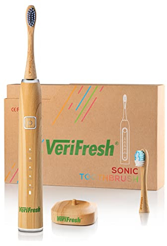 VeriFresh Sonic Bamboo Toothbrush - Biodegradeable Bamboo Heads with Castor Oil bristles - Includes 2 Brush Heads