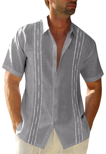 Runcati Mens Short Sleeve Guayabera Shirts Linen Button Down Cuban Shirt
