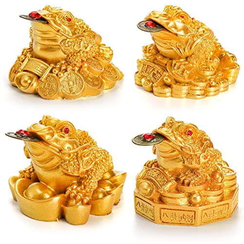 ZENFUN 4 Pack Money Frog & Lucky Coin, Fortune Toad Statue Lucky Charm Wealth Frog for Home Office Decoration Good Lucky Gifts, Gold