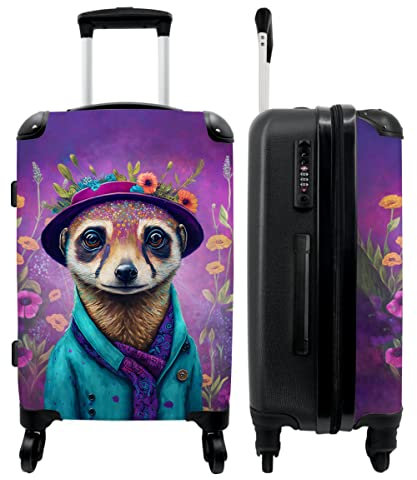 NoBoringSuitcases.com® Hartschalenkoffer Mädchen Kinder Koffer fürs Gepäck Carry on Trolli Erdmännchen - Blumen - Lila - 67x43x25cm