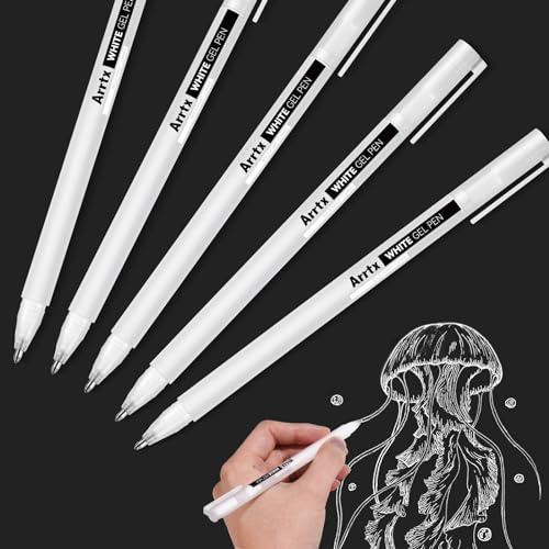 Arrtx Gelstifte Weiß zum Zeichnen 5 Stück 1mm Weiß Gel Pen zum Highlights,Künstler Fineliner Weißer Gel Stift für Dunkle Papiere,Skizzieren