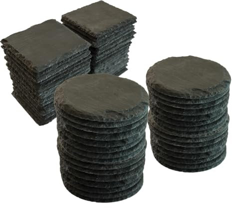 Fansch Untersetzer aus Schiefer, 10,2 x 10,2 cm, Naturschiefer, Stein-Untersetzer mit kratzfester Unterseite für Bar, Küche, Heimdekoration, DIY-Geschenk, Schwarz (32 rund + 32 quadratisch) (rund +