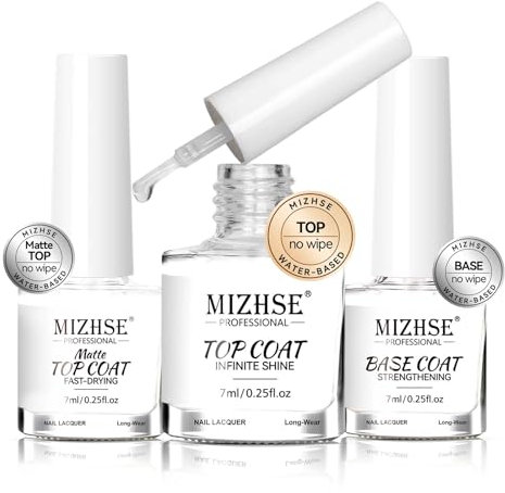 MIZHSE Base Coat Top Coat Nail Polish Non Gel 3pcs, Natural Nail Base Coat, Top Coat Matte, Unterlack & Überlack Set für All Serien von Schnelltrocknend Long Lasting 7ml