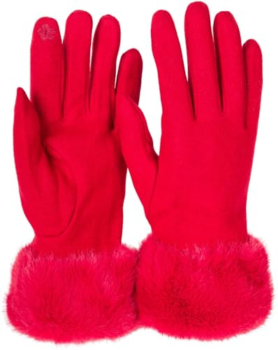 styleBREAKER Damen Touchscreen Stoff Handschuhe Kunstfell | Leitfähige Fasern an den Fingerspitzen für Smartphone-Bedienung, wärmende Plüsch-Bündchen, elastische Einheitsgröße 6-8 EU.