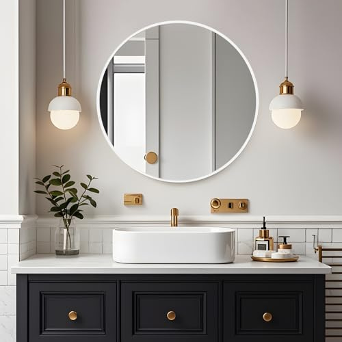 Amazing Tour Round Bathroom Mirror,50cm Circle Mirror Brushed Frame Wall Mirror Metal Framed HD Glass Wall for Makeup Bathroom Living Room Entryway White