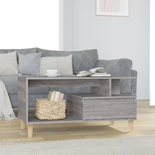 AUVYI Couchtisch mit Schublade Grau Sonoma 90x49x45 cm Holzwerkstoff&Eukalyptus Chautschtisch Sofatisch Holz Sideboard Beistelltisch mit Schublade Wohnzimmertisch