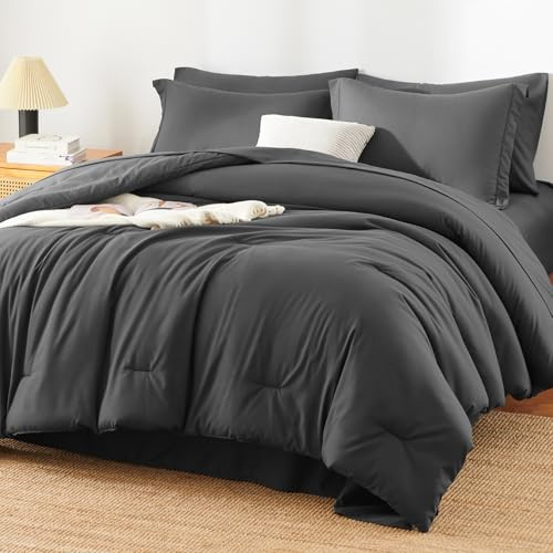 HIMEET Queen Comforter Set - 7 Pieces Bed in a Bag Queen Size, Luxury Comforter Set with Sheets for All Season, Bed Set with Comforter, Flat Sheet, Fitted Sheet, Pillowcases & Shams, Dark Grey