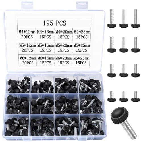 195 Stück Rändelschrauben Set, M4 M5 M6 Rändelschraube mit Gewinde Befestigungsschraube, Griffknöpfe, Rundkopf Rändelschrauben, Klemmschrauben, Griffschrauben für Maschinen