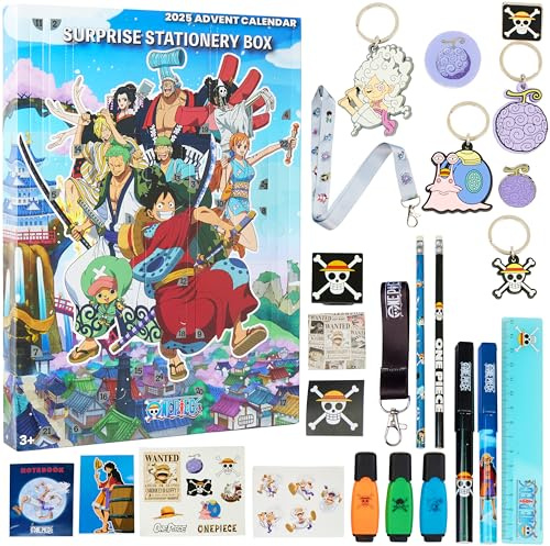 One Piece Advent Calendar 2025 for Kids Teens 24 Surprises with Mini Notebook, Keychain, Pens, Pencils, Luffy Straw Hat Anime Christmas Gifts