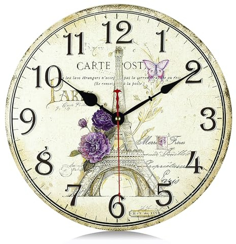Lafocuse Lautlos Wanduhr Eiffelturm Vintage, Retro Holz Shabby Chic Wanduhren Deko Ohne Ticken für Wohnzimmer Schlafzimmer Küchen Büro 30cm