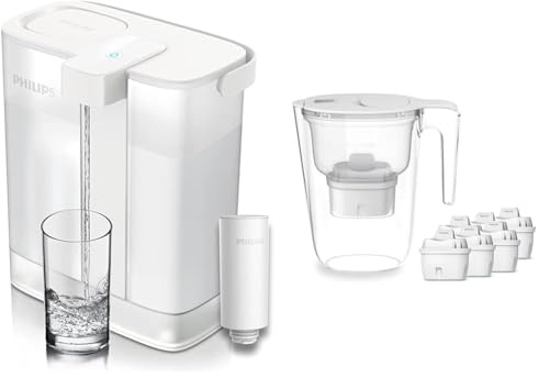 Philips Instant Water Filter, caraffa filtrante con capacità di 3 l & Filtro caraffa Philips +6 cartucce filtranti di ricambio Micro X-Clean, flusso rapido, bianco, 2,6 litri, timer elettronico