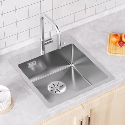 Sofetiy Spülbecken Küche 45x48cm, Spüle Edelstahl 304 Eckig inkl. Siphon, Waschbecken Küche für Unterschränke ab 45 cm Breite, Küchenspüle 1 becken Einbauspüle Edelstahlspüle