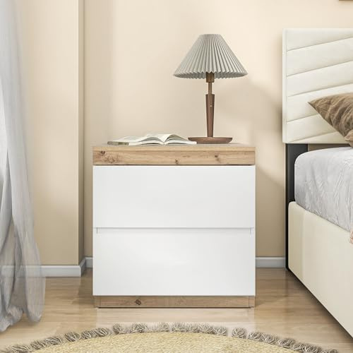 KAZZIO Mesita de noche, mesita de noche, mesilla de noche, función de almacenamiento, para dormitorio, tablero de partículas E1 (dos cajones, blanco+roble)