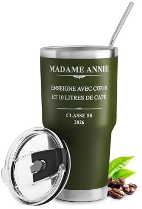 Maverton Mug Isotherme Personnalisable Vert en Acier Inoxydable 800 ml | Mug Personnalisé Maitresse avec 2 Pailles et Brosse, Cadeau Maitresse d'École fin d'année, Cadeau Prof