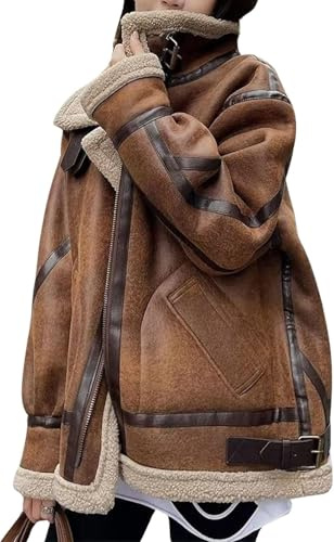 Juankrynord Donna Inverno Oversize Sherpa Peluche Foderato Giacca Casual Vintage Cerniera Colletto in piedi Moto Cappotto Corto Giacca Imbottita Cappotto spesso (Marrone,L)