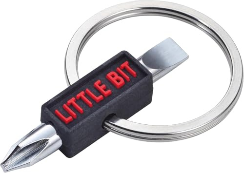 TROIKA LITTLE BIT nyckelring med dubbelbit, kors-/slitsskruvmejsel, silikonhandtag, silver/svart/röd