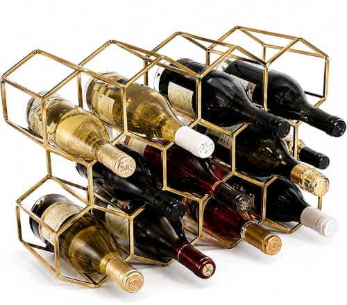 DIVCHI Wine Rack 11 Bottle Holder No Need Assembly Modern Metal Wire Wine Storage for Countertop Table Top Coffee Bar & Kitchen | Champagne Racks | Beer Stand (Gold)