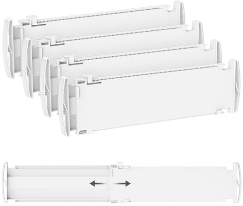 Lifewit 4 separatori per cassetti, regolabili per cassetti, lunghezza interna 35 – 55 cm e altezza > 10,5 cm, organizer per cassetti, per armadio, cassettiera, scrivania, cucina, bianco