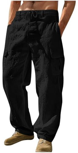 Men's Linen Trousers UK Clearance Cargo Combat Pants Casual Jogger Elastic Waist Drawstring Outdoor Trousers Loose Fit Plain Sweatpants Cotton Linen Pants with Multi Pockets Full Length Bottoms