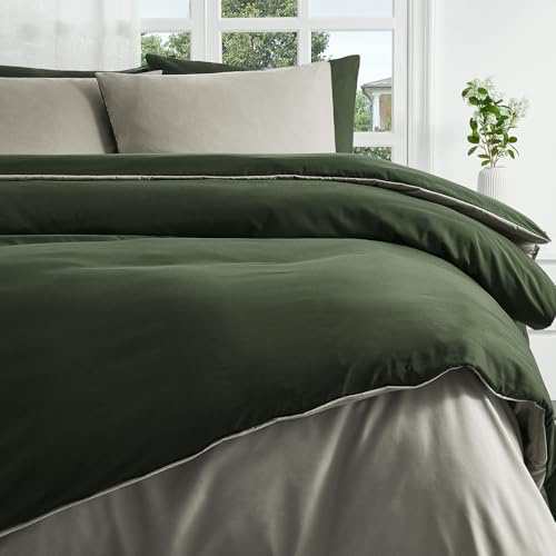 Duvetnova Bettwäsche 155x220 2teilig Olivgrün/Beige Bettwäsche-Sets Microfaser ÖKO-TEX Wendebettwäsche 155 x 220, weich & bügelfrei 1 Bettbezug 155x220 + 1 Kissenbezug 80x80cm mit Reißverschluss