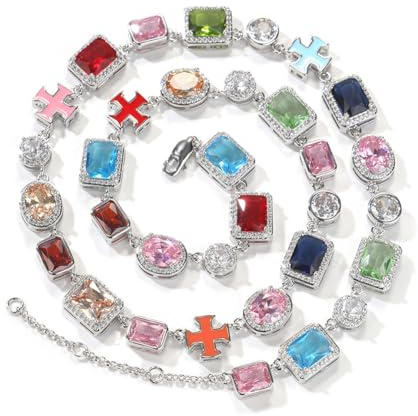VAKTWPDLY 10 mm bunte Iced-Out-Kettenhalskette, mehrfarbige Zirkonia-Kreuzarmbänder, 18 Karat vergoldetes Kupfer mit Zirkonia-Einlagen, Hip-Hop-Armband-Halskette für Damen und Herren